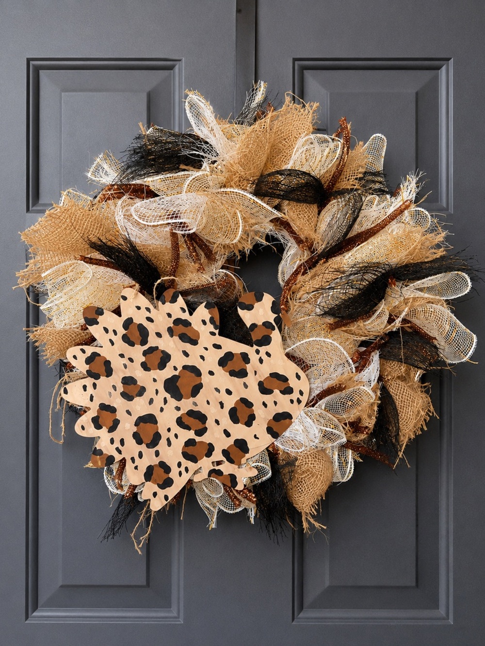 Neutral Leopard Accent Fall Wreath - Burlap & Mesh Decorative Door Wreath